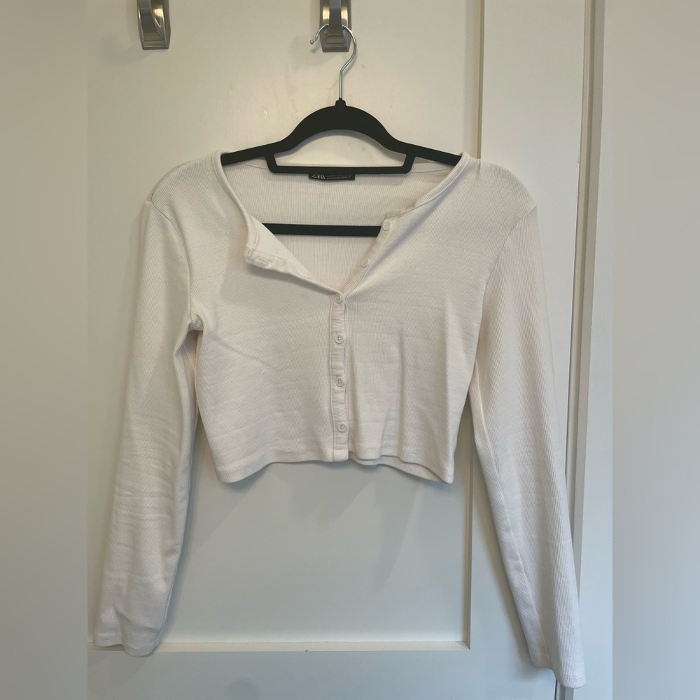 White Zara Long Sleeve Cropped Shirt